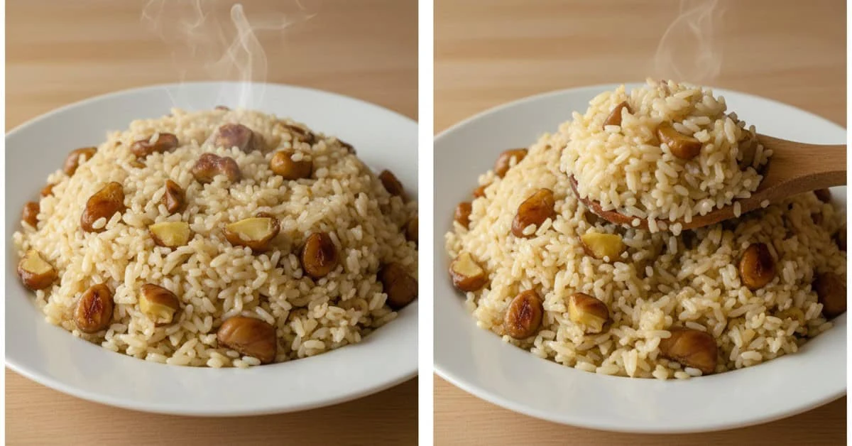 Christmas rice with toasted nuts and a close-up serving