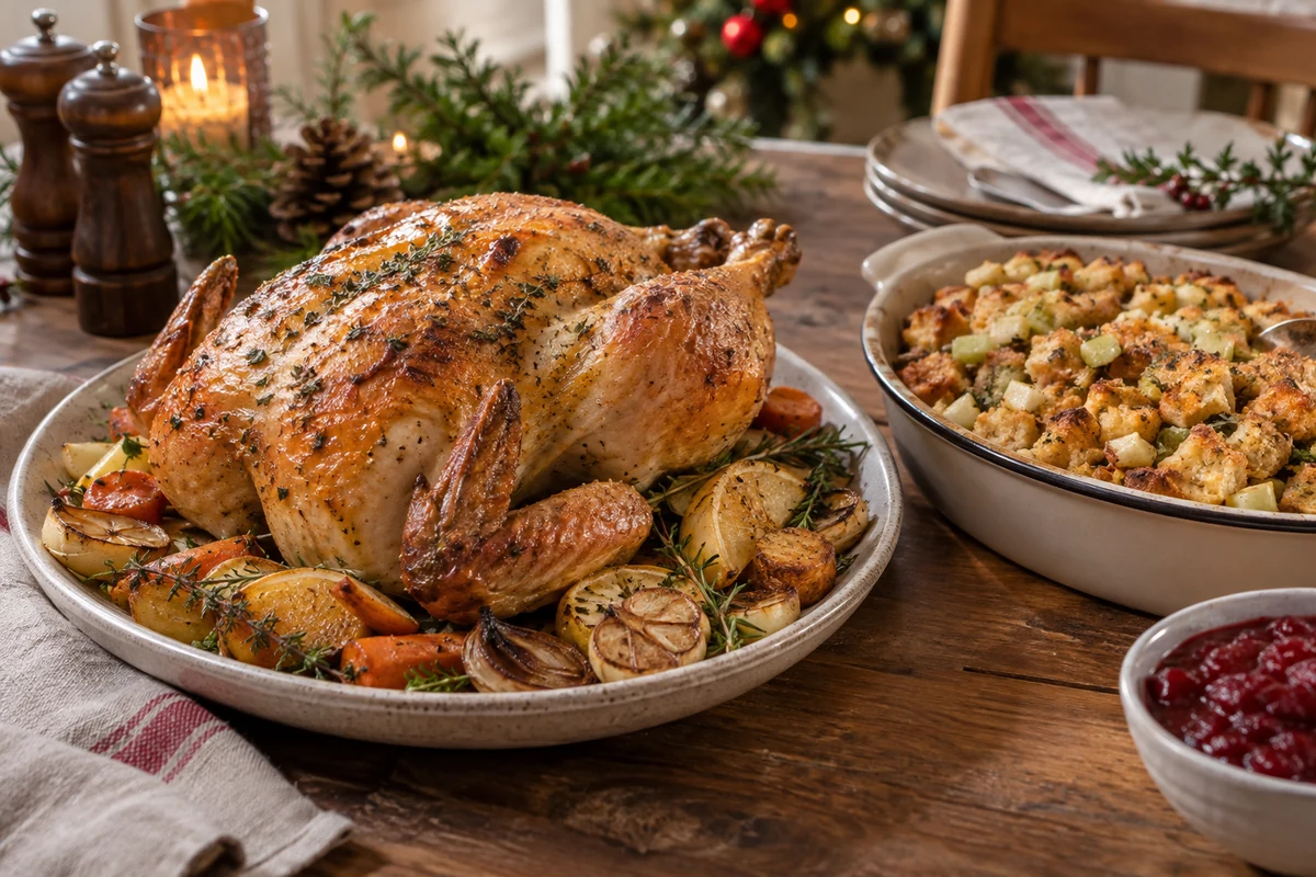 Christmas roast chicken with a separate dish of golden bread and apple stuffing