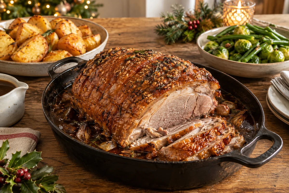 Christmas roast pork leg in dark beer with roast potatoes and green vegetables