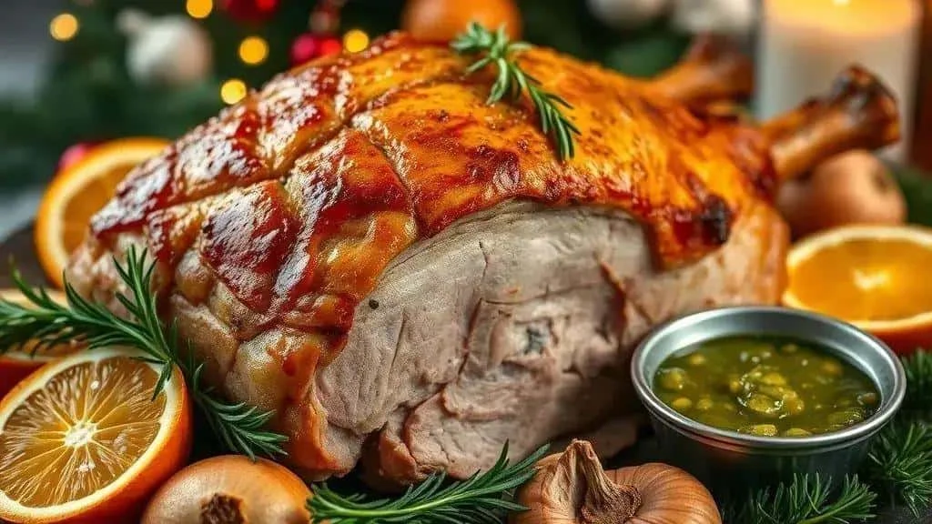 Christmas roast pork leg with orange and herbs