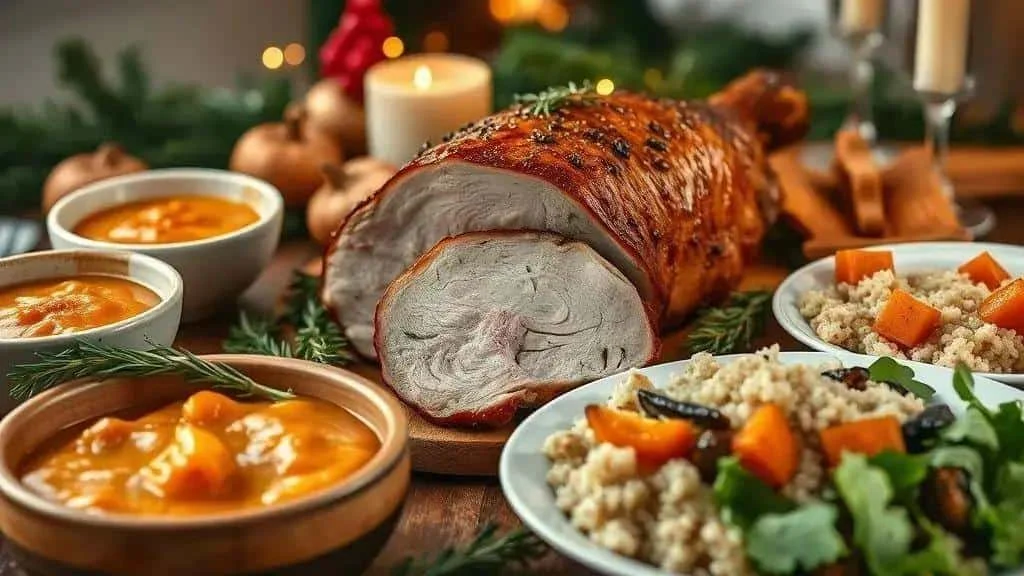 Christmas roast pork loin surrounded by warm side dishes