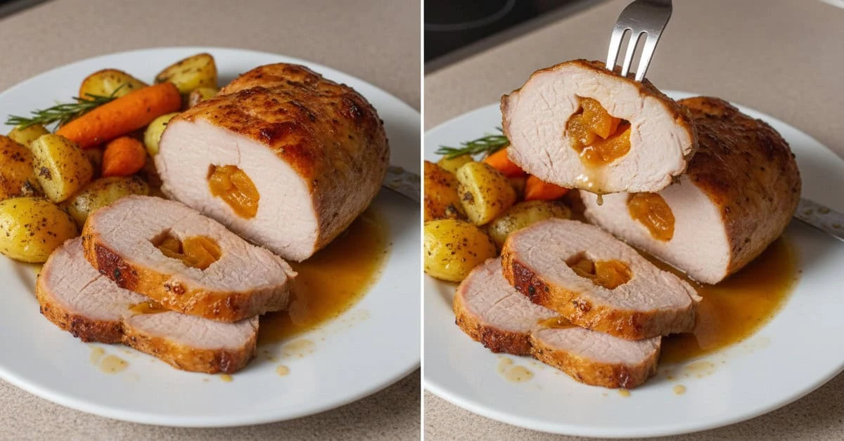Christmas roast pork loin with apricot stuffing