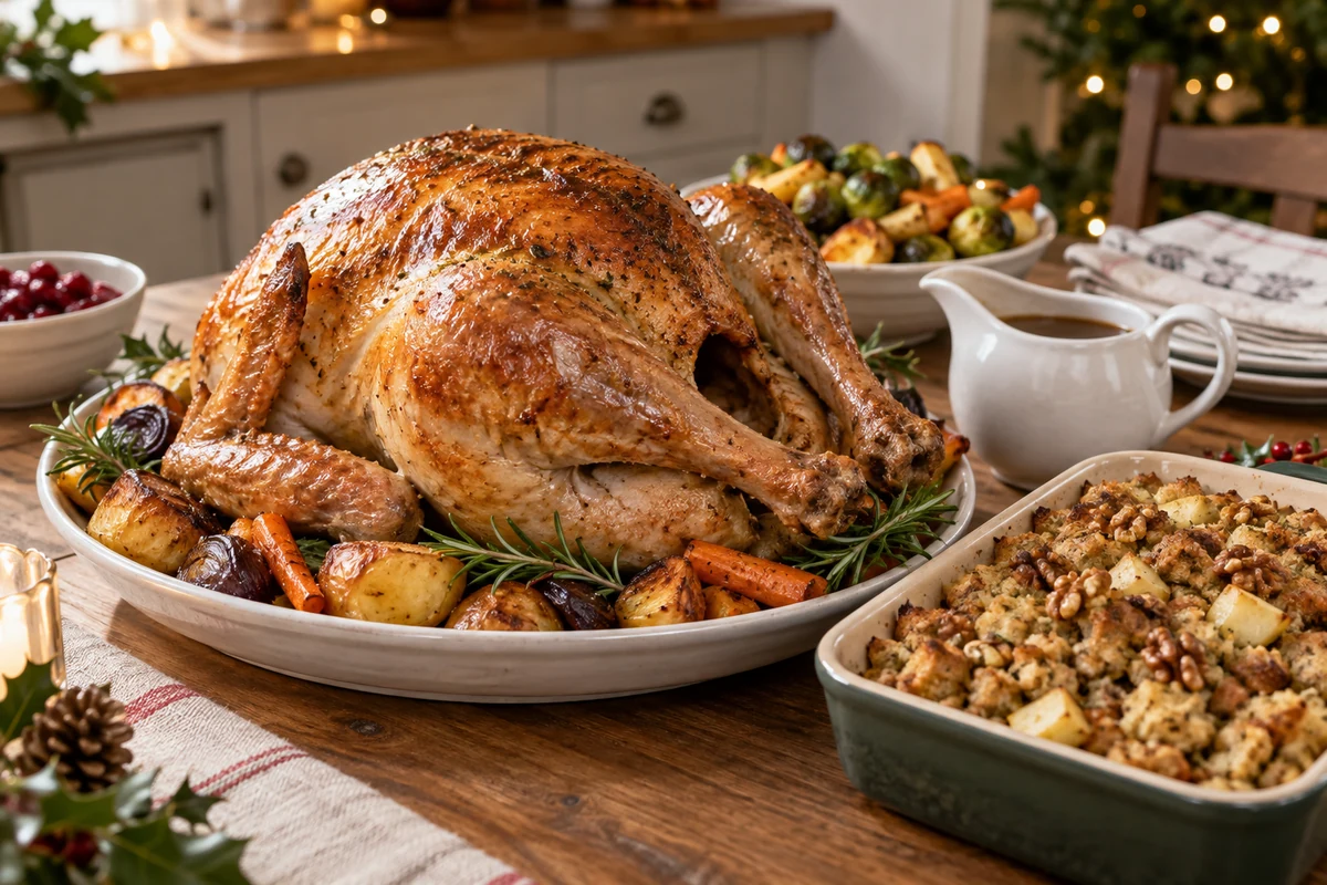 Christmas roast turkey with separately baked stuffing
