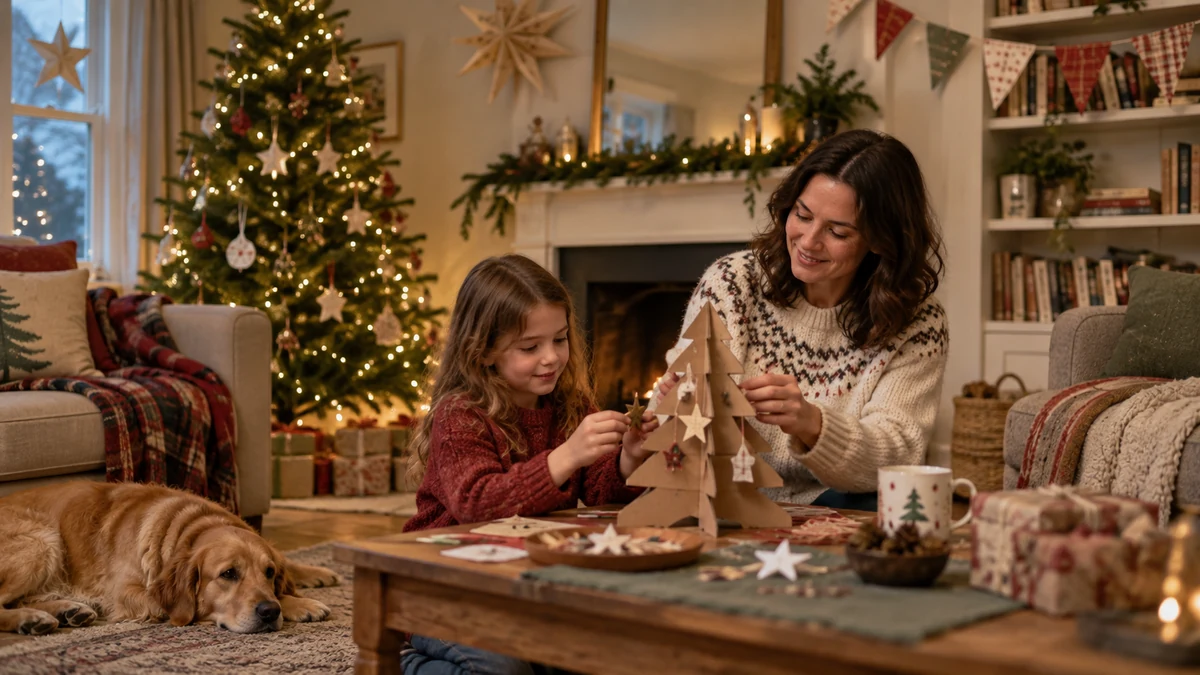 Christmas room decorated with reused paper and fabric