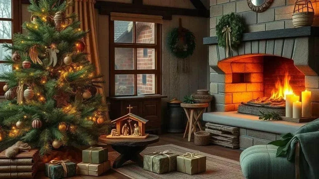 Christmas room with a tree and a small Nativity display