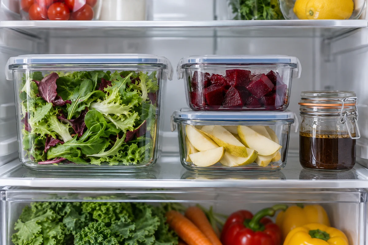 Christmas salad components stored separately in covered fridge containers Christmas salad components stored separately in covered fridge containers
