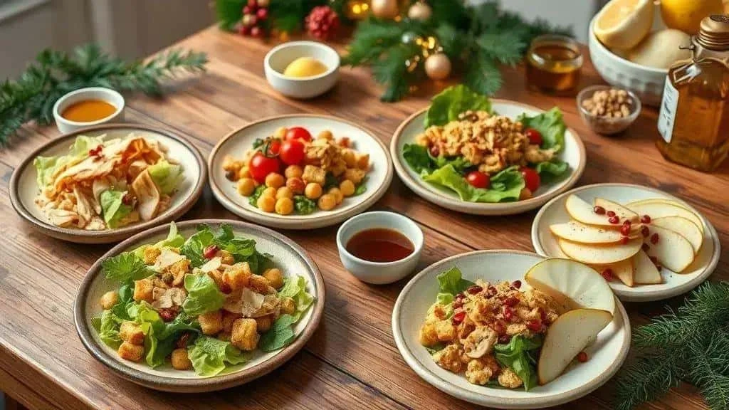 Christmas salad variations with chicken, chickpeas and fruit