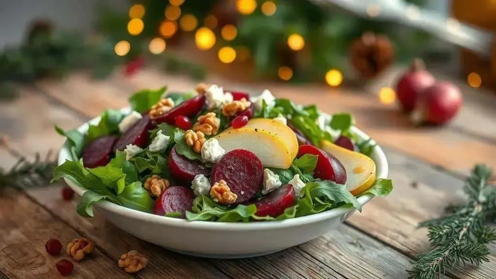 Christmas salad with pears beetroot walnuts and pomegranate
