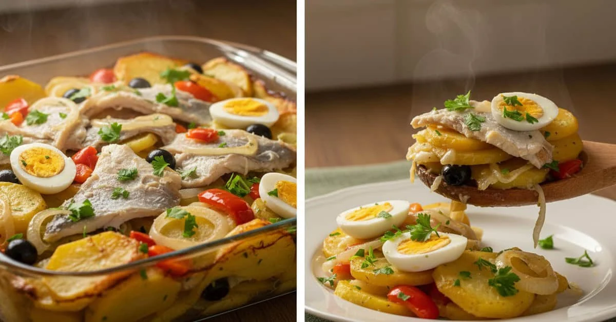 Christmas salt cod with potatoes and olives on a serving plate