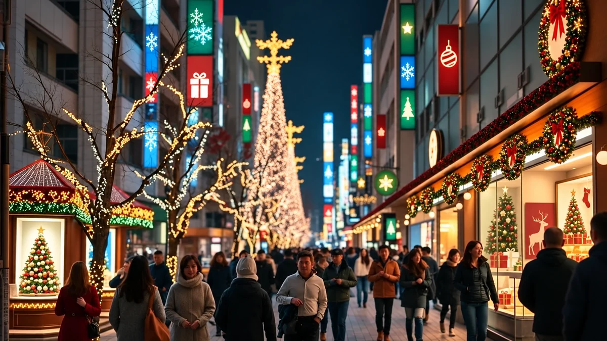 Christmas shopping street with festive lights in Japan