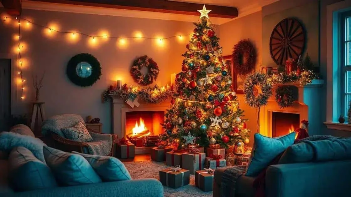 Christmas sitting room with a decorated tree and fireplace