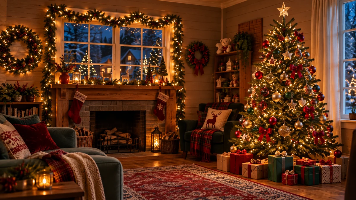 Christmas sitting room with a tree safely positioned away from an unlit fireplace
