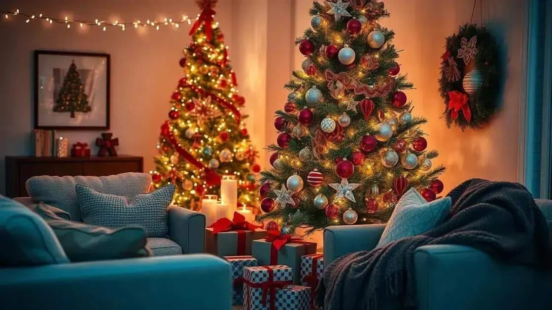 Christmas sitting room with decorated trees and wrapped gifts