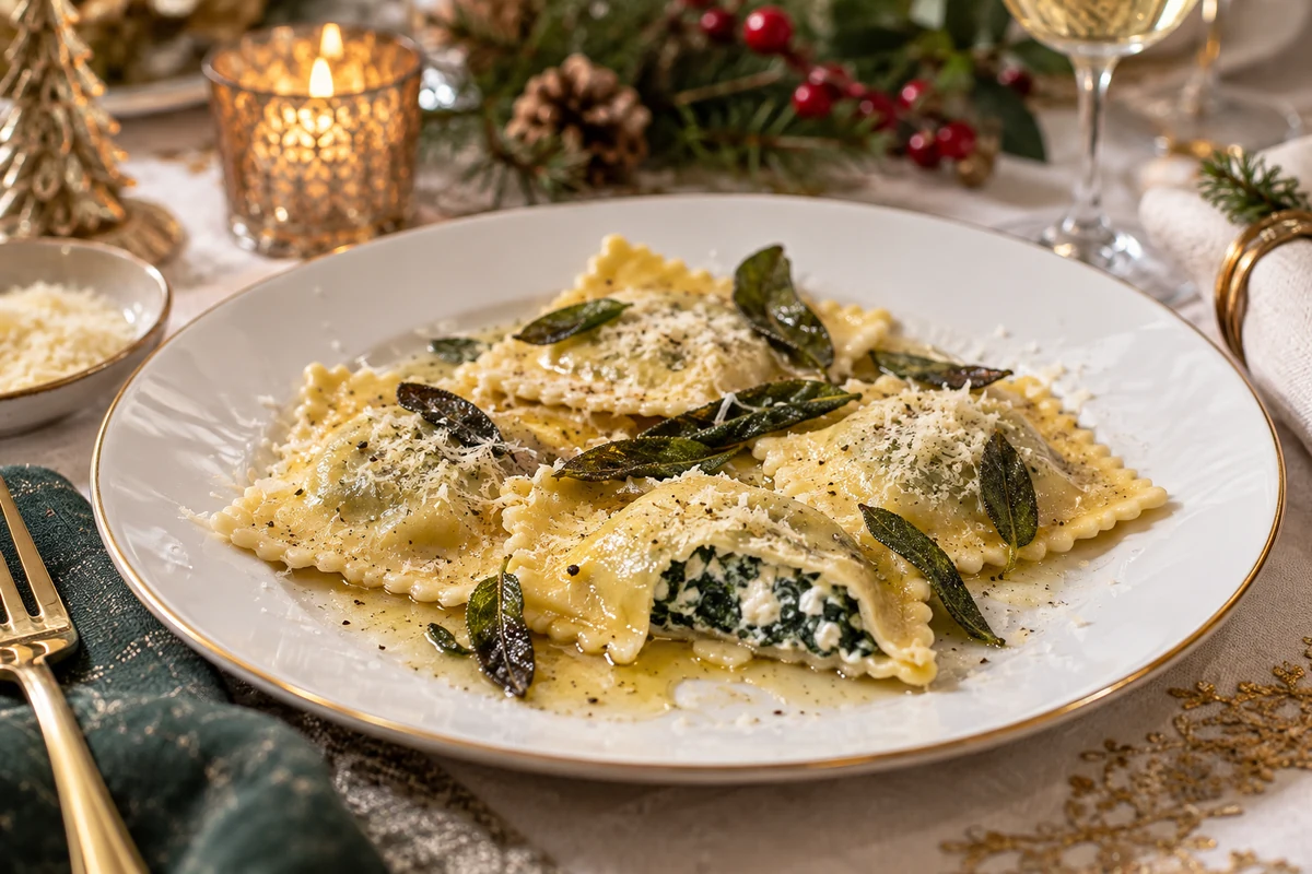 Christmas spinach and ricotta ravioli with butter and sage