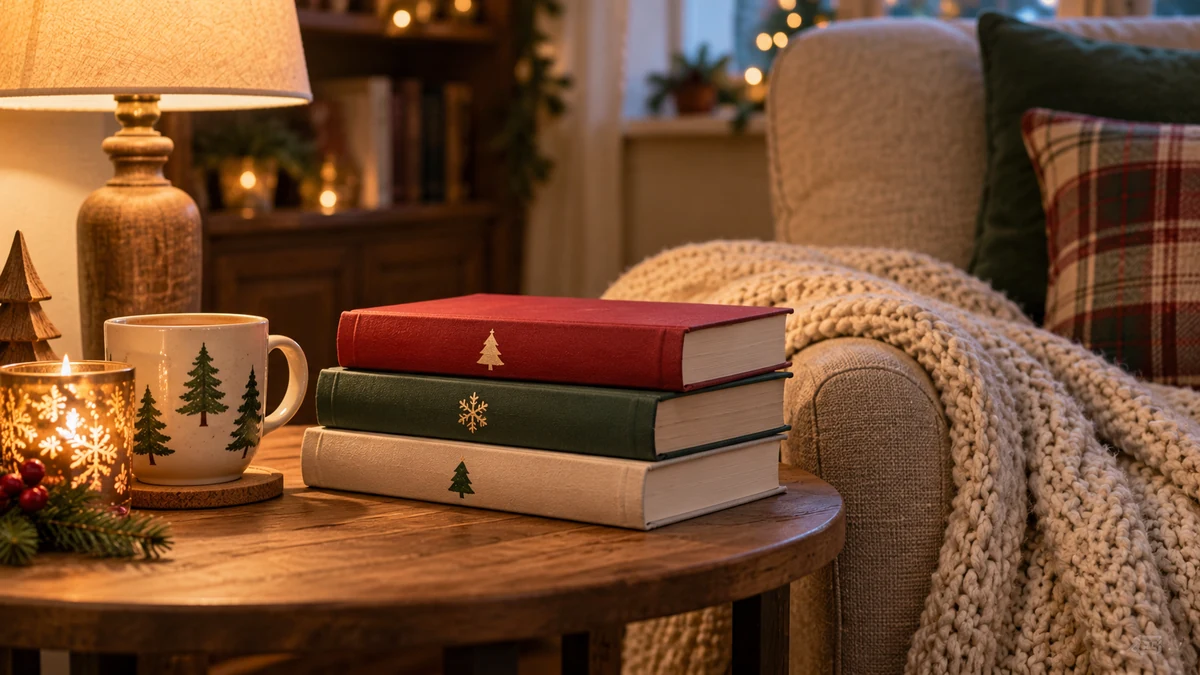 Christmas storybooks beside a warm knitted blanket Christmas storybooks beside a warm knitted blanket