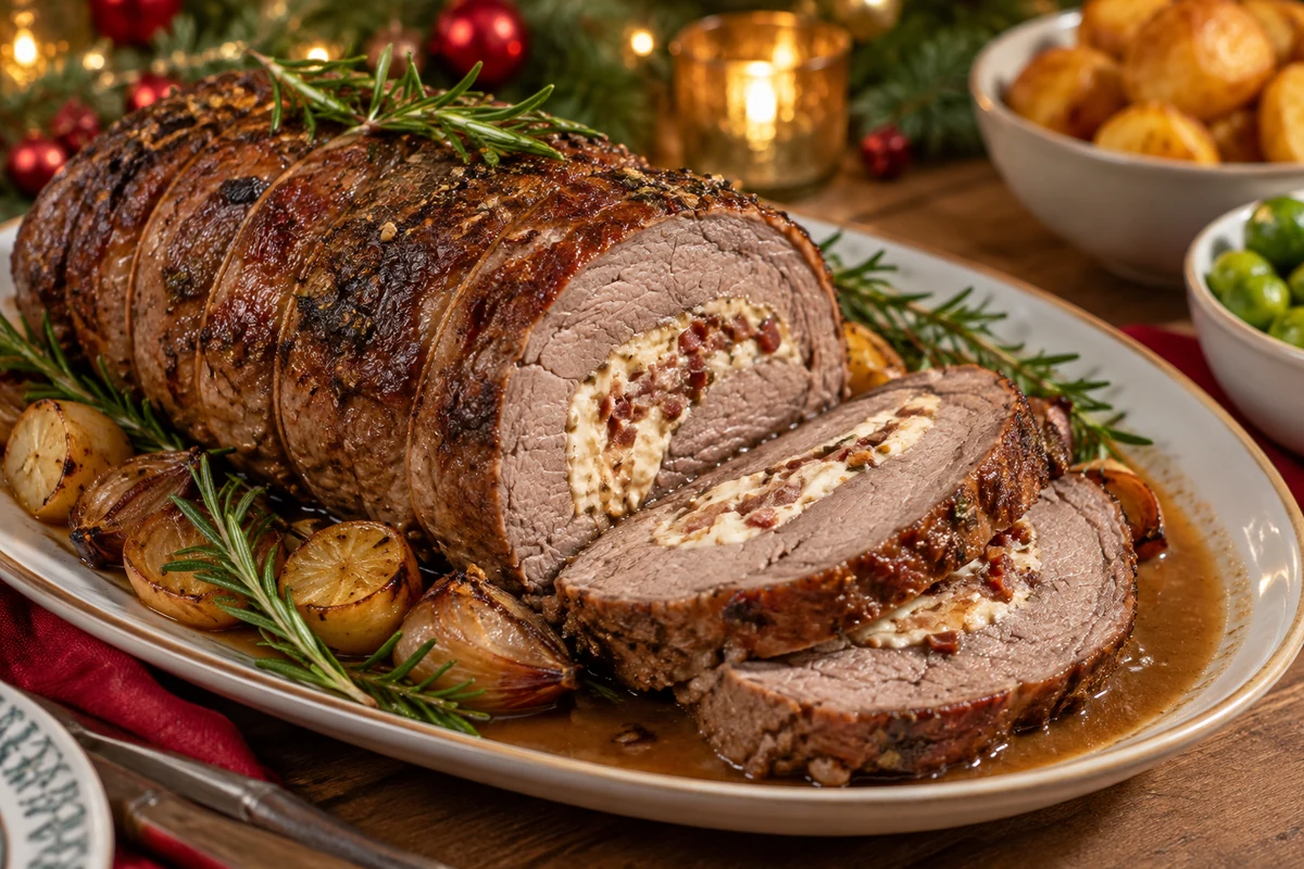 Christmas stuffed beef with bacon and cream cheese