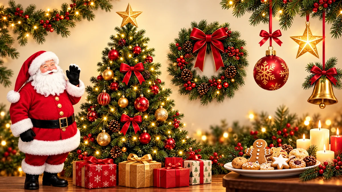 Christmas symbols arranged as a decorative still life