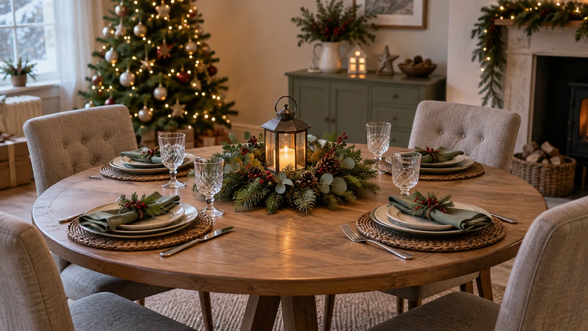 Christmas table decorated with a battery lantern