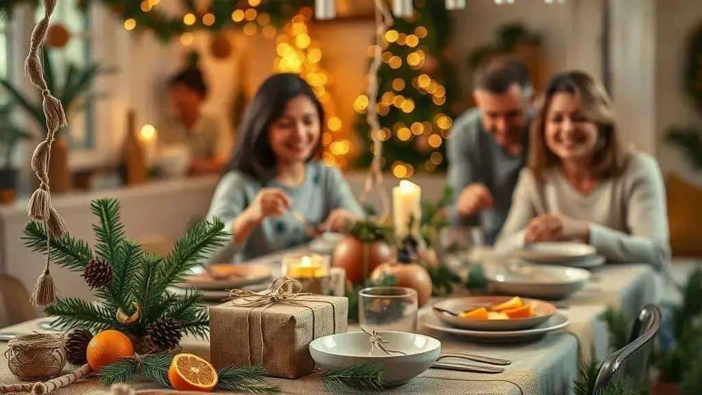 Christmas table with paper-wrapped presents and reusable decorations