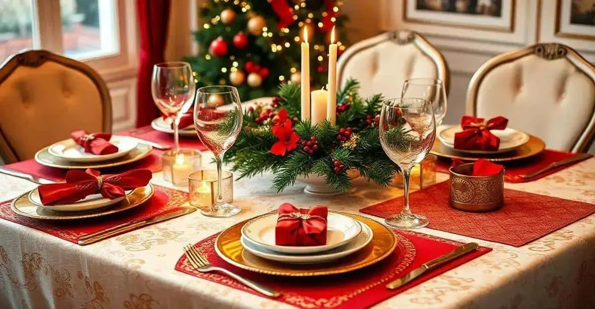 Christmas table set with ribbon-wrapped gifts and greenery
