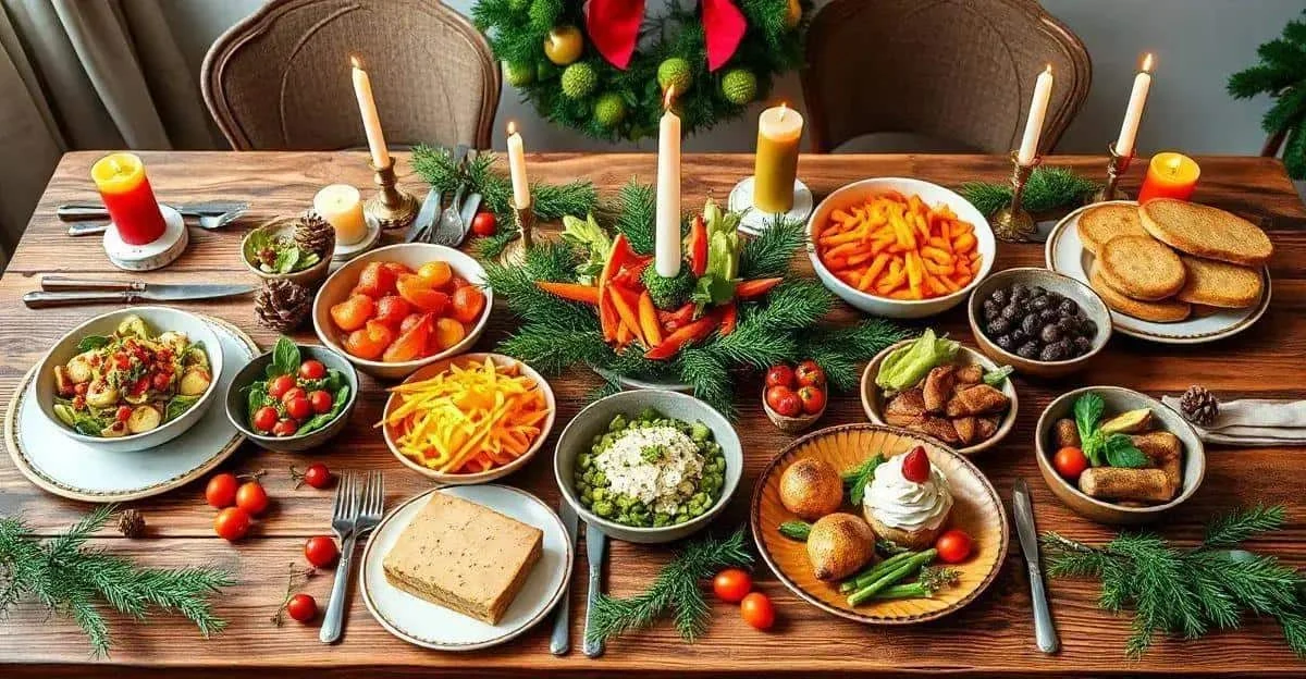 Christmas table with a variety of vegetable dishes