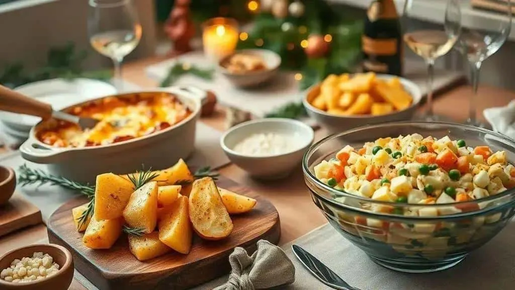 Christmas table with three potato side dishes Christmas table with three potato side dishes