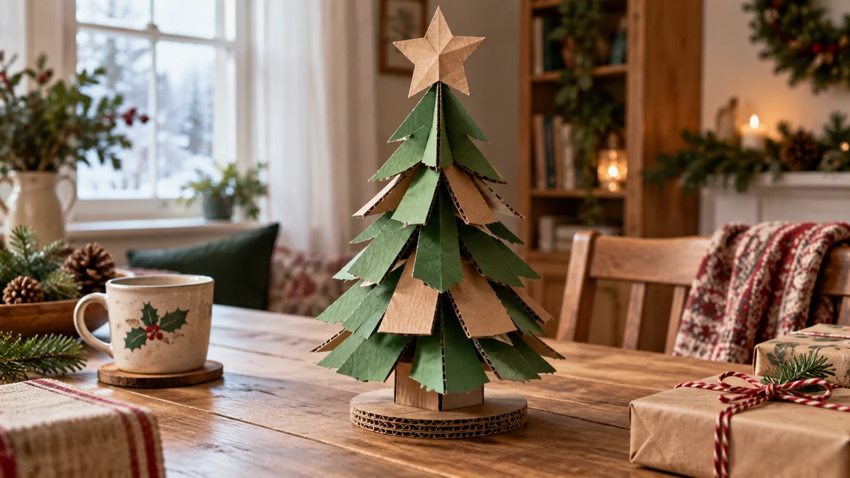 Christmas tabletop tree made from reused cardboard