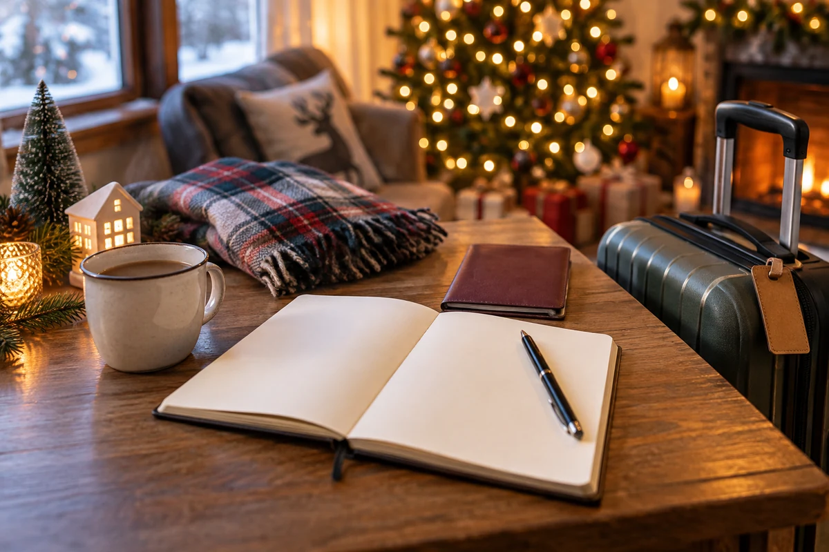Christmas travel planning notebook beside a suitcase and scarf