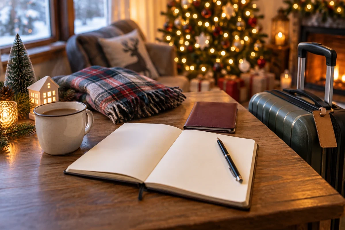 Christmas travel planning notebook beside a suitcase and scarf