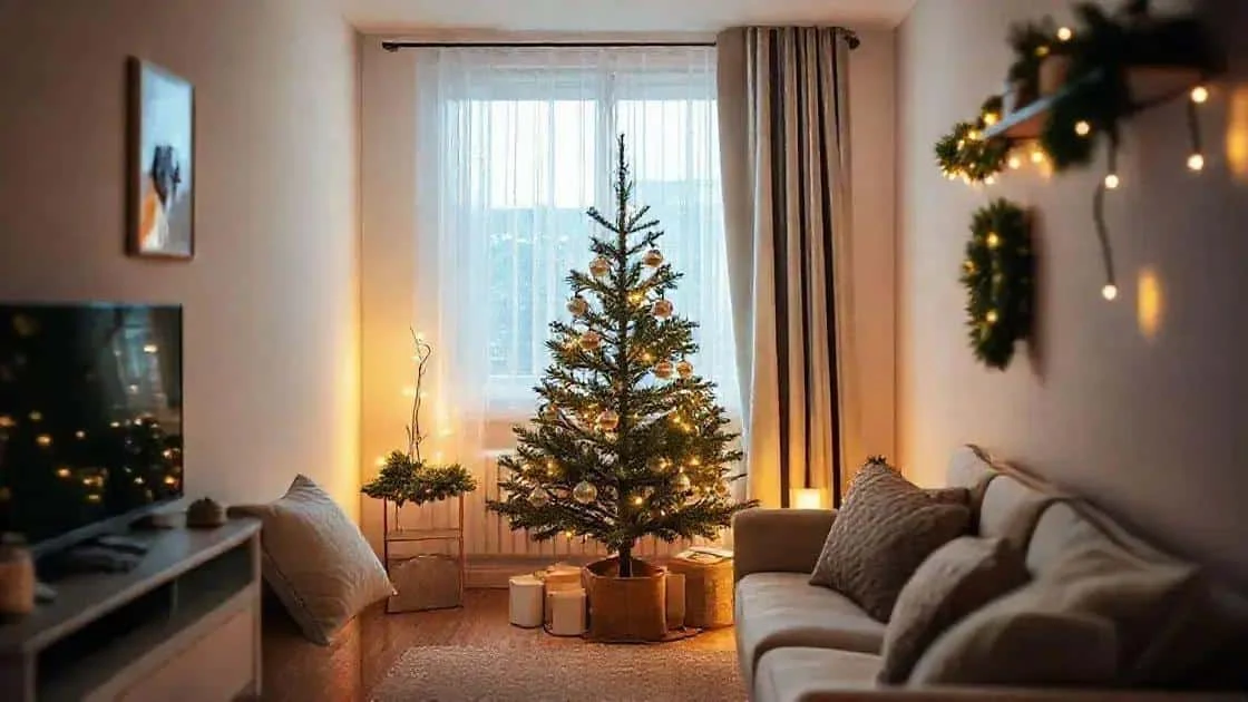 Christmas tree and sofa in a compact living room