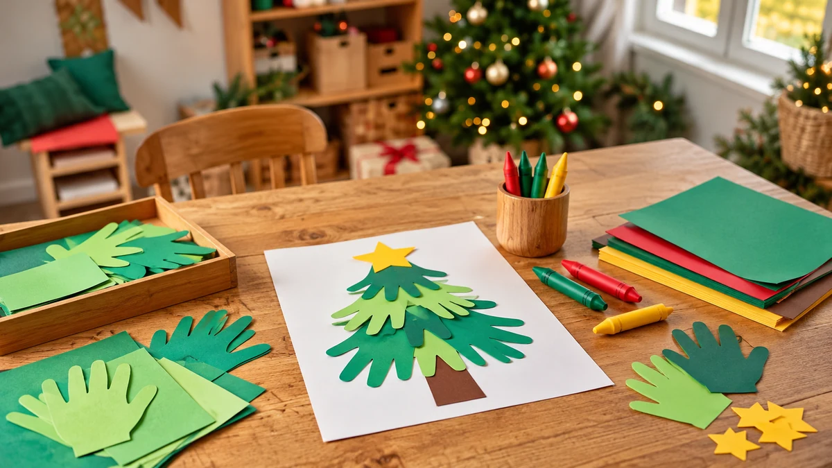 Christmas tree collage made from paper handprint shapes