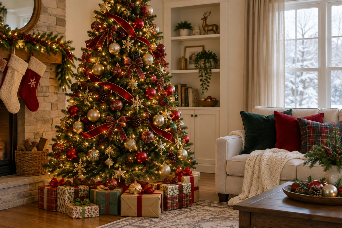 Christmas tree decorated in red green and gold