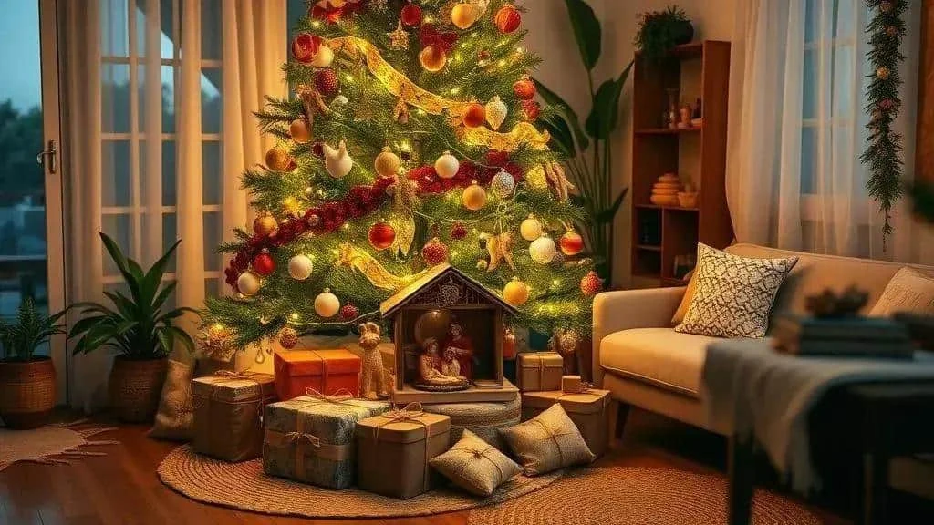 Christmas tree Nativity scene and gifts at home