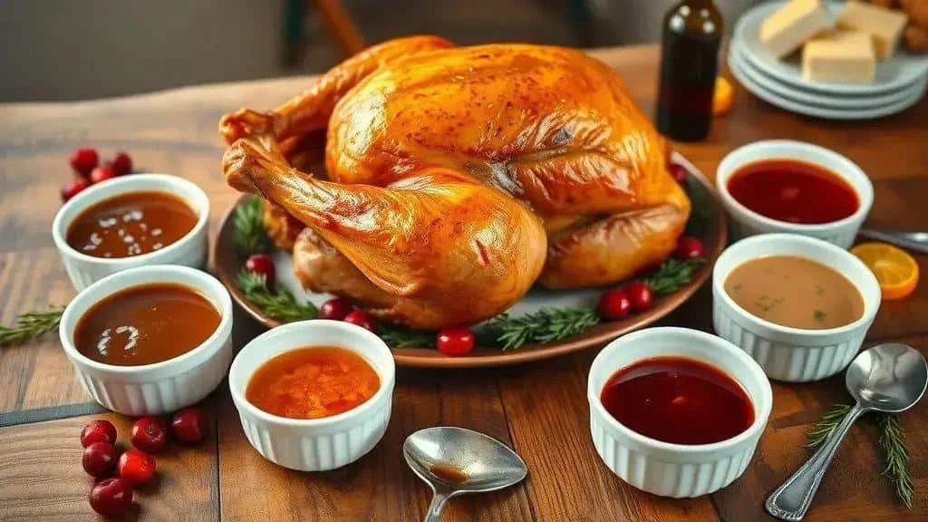 Christmas turkey with a selection of sauces and serving spoons Christmas turkey with a selection of sauces and serving spoons