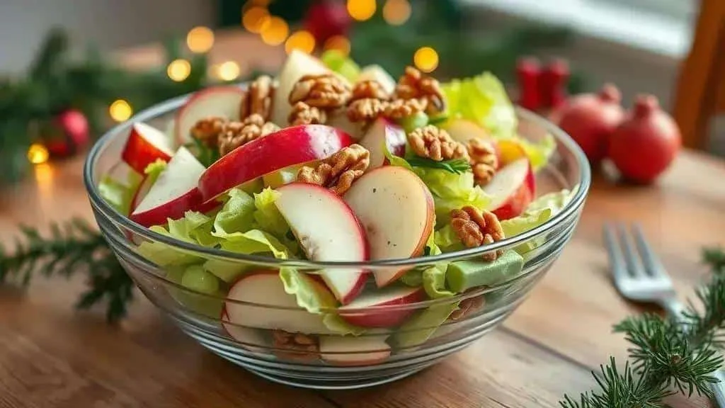 Christmas Waldorf salad with red apples and walnuts