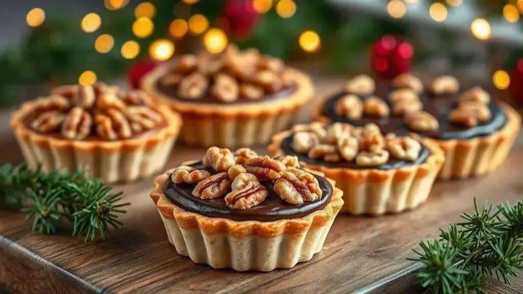 Walnut-topped tartlets on a Christmas table