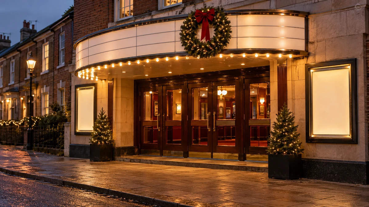 Cinema entrance decorated for Christmas