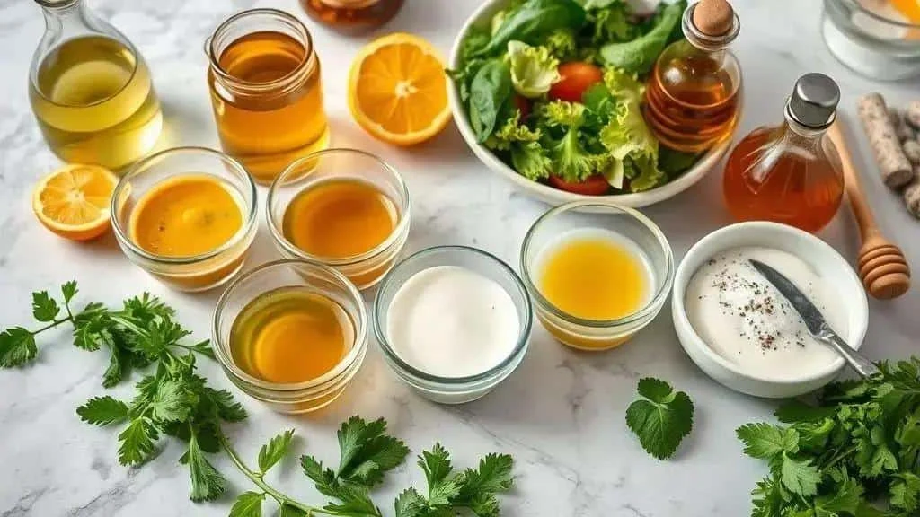 Citrus and creamy dressings beside a bowl of salad Citrus and creamy dressings beside a bowl of salad