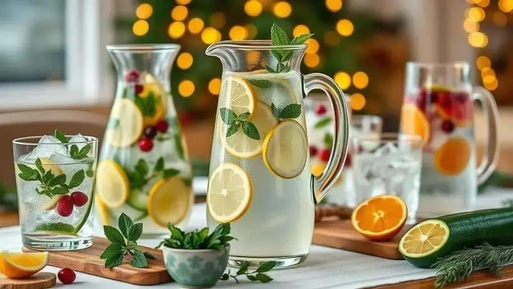 Citrus and mint drinks in glass jugs