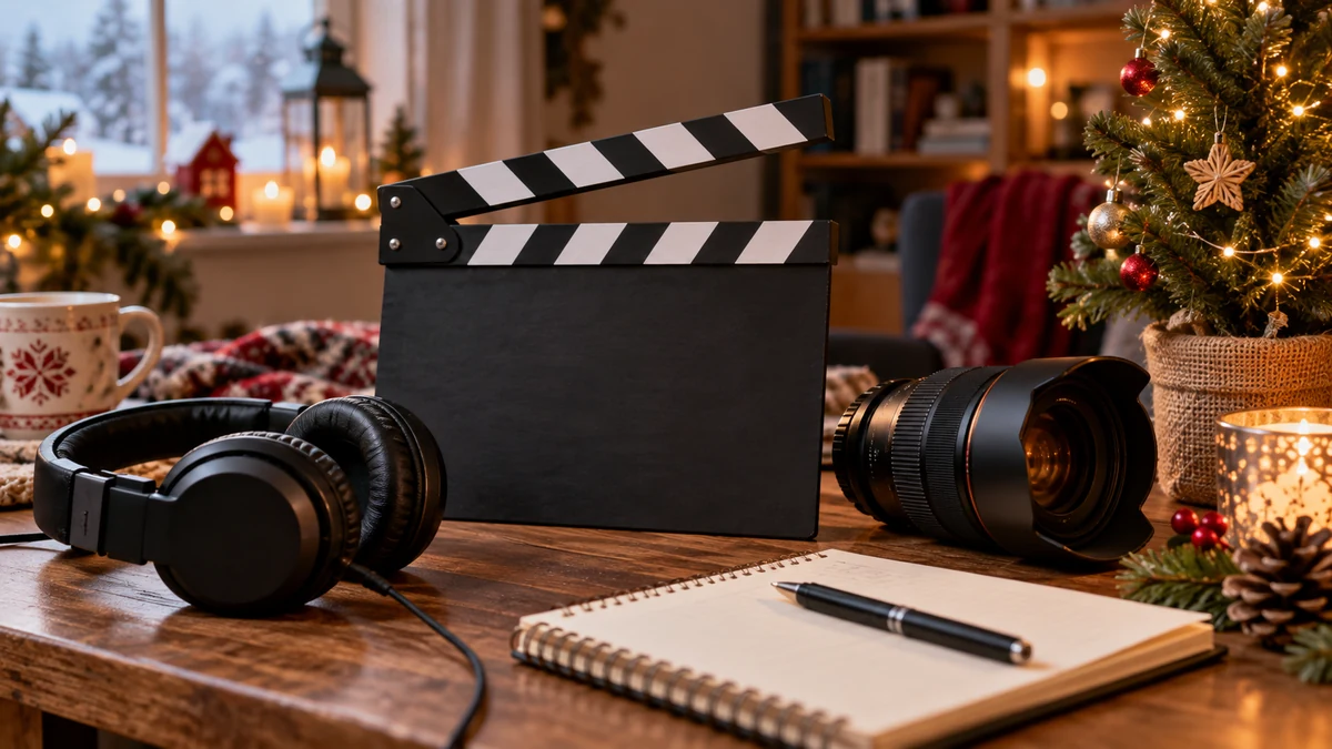 Clapperboard headphones camera lens and notebook Clapperboard headphones camera lens and notebook