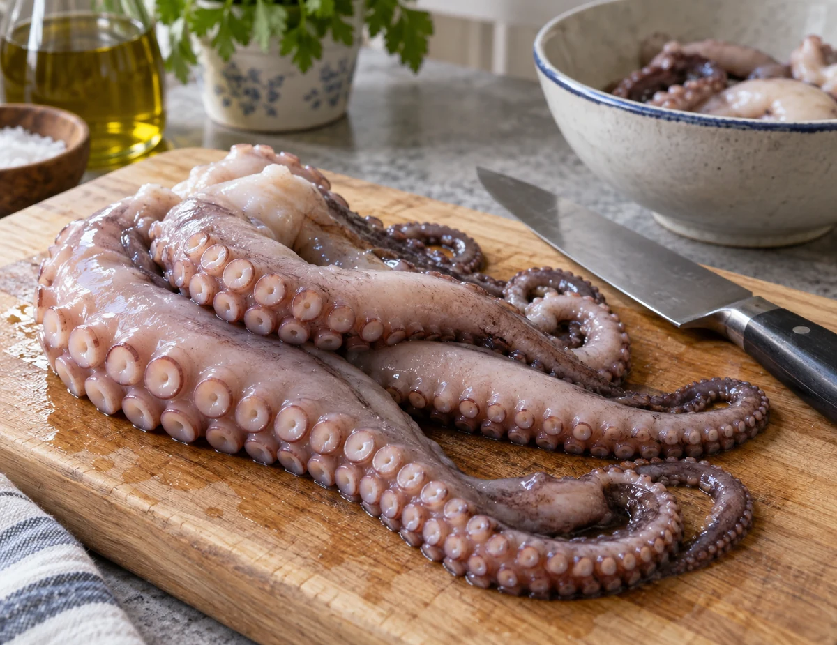 Cleaned raw octopus tentacles on a preparation board Cleaned raw octopus tentacles on a preparation board