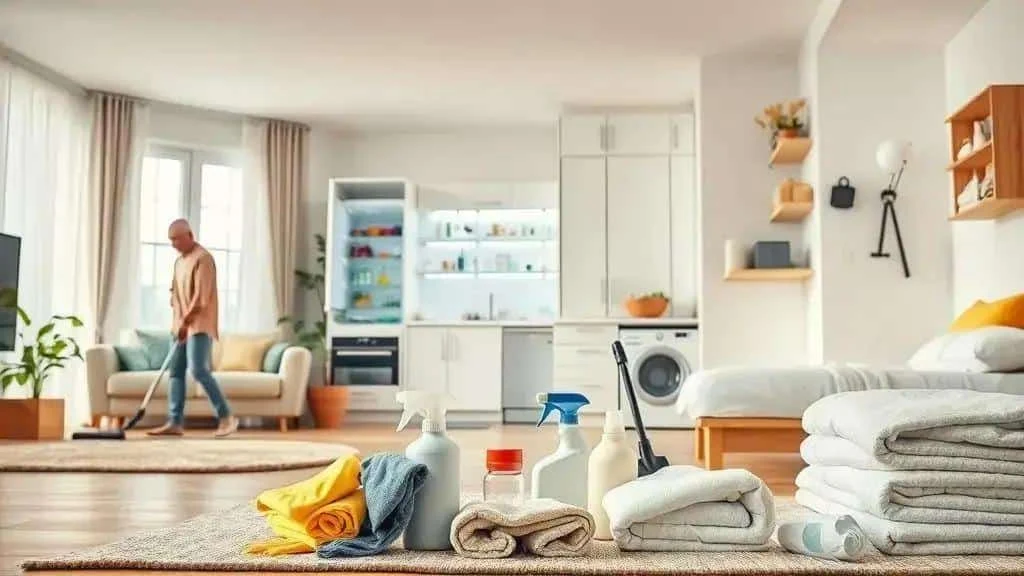 Cleaning supplies and folded towels in a bright room