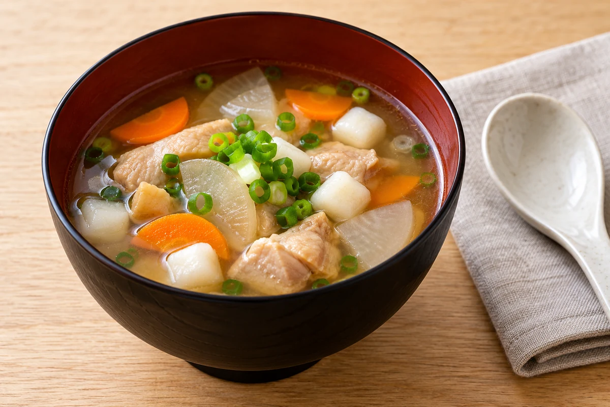 Clear broth ozoni with chicken vegetables and small mochi pieces