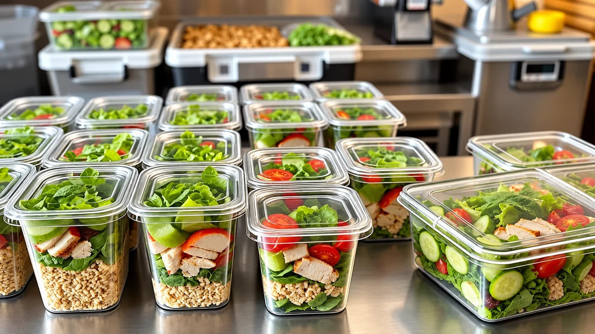 Clear lidded containers filled with layered grain, chicken and vegetable salads