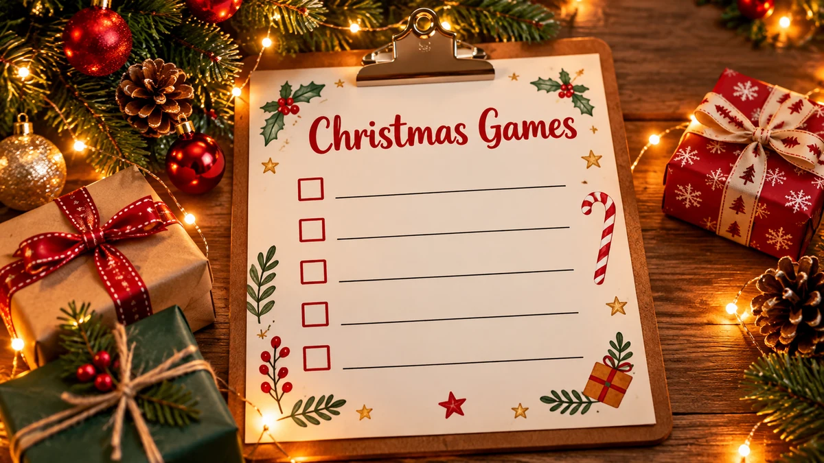 Clipboard headed Christmas Games with five blank checkboxes Clipboard headed Christmas Games with five blank checkboxes