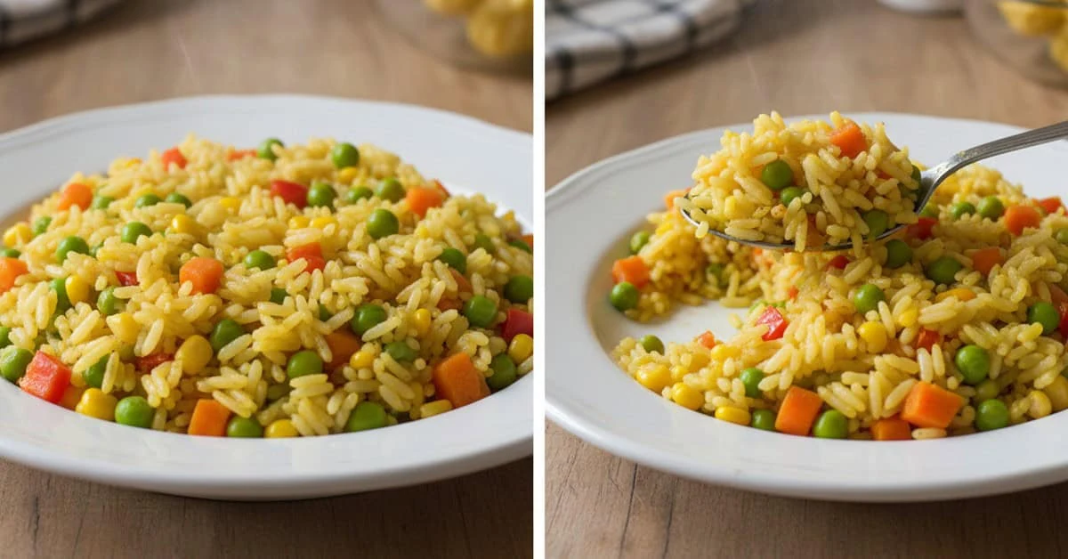 Close-up of yellow vegetable rice with a serving fork
