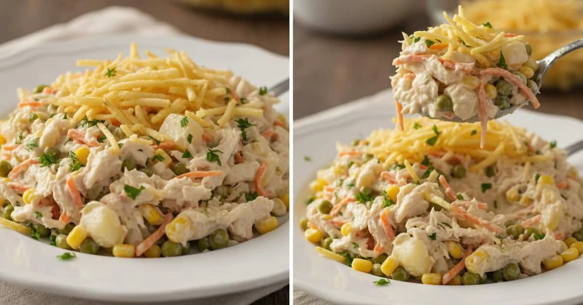 Close-up views of creamy salpicão with apple and vegetables