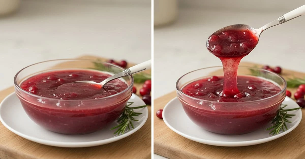 Close-up views of homemade cranberry sauce and a spoonful