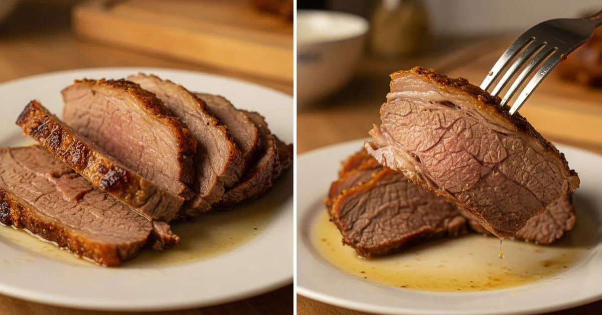 Close-up views of sliced Brazilian cupim with molasses glaze