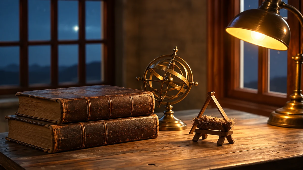 Closed books and an armillary sphere beside a manger Closed books and an armillary sphere beside a manger